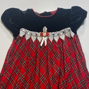Charming Red Plaid Kids Costume Dress with Black Velvet